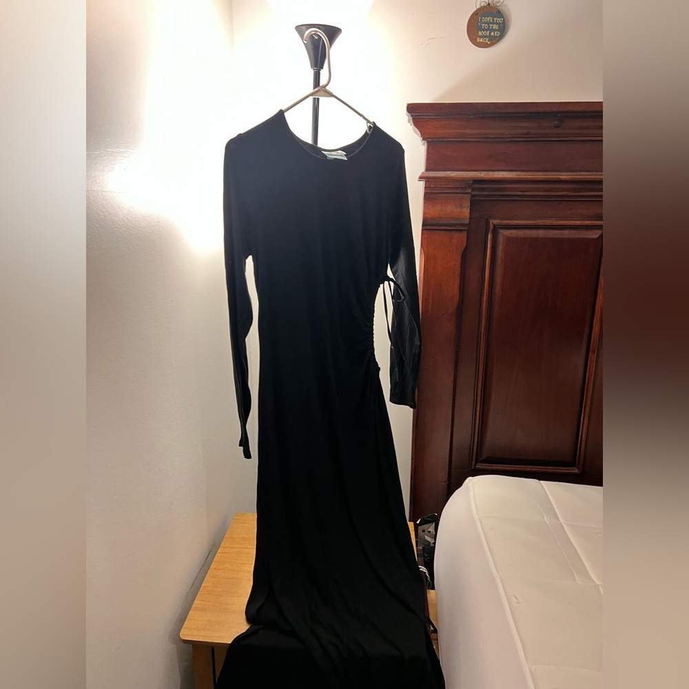 Elegant Black Long Sleeve Dress with side cut out and slit
